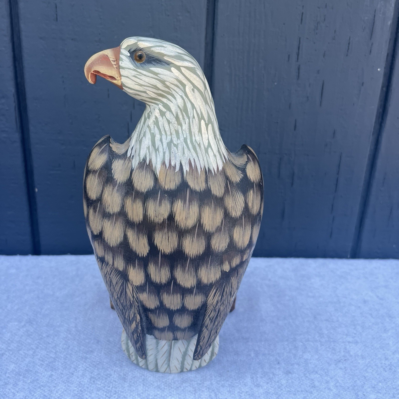 Hand Painted Wood Eagle Bird Carved Sculpture Figurine on Base