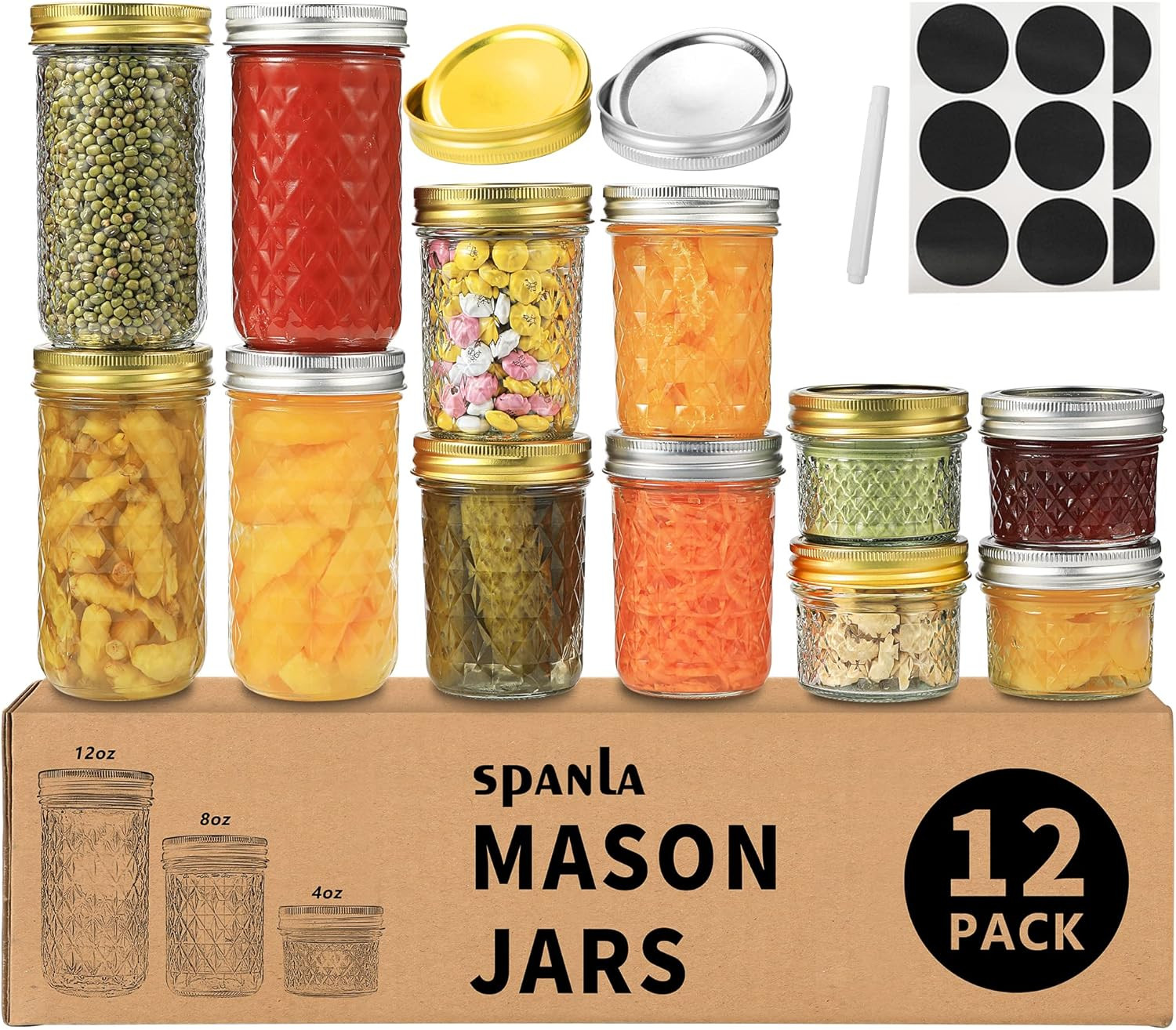 Mason Jars Canning Jars, 12 Pack Glass Jars Jelly Jars with Regular Lids, Ideal