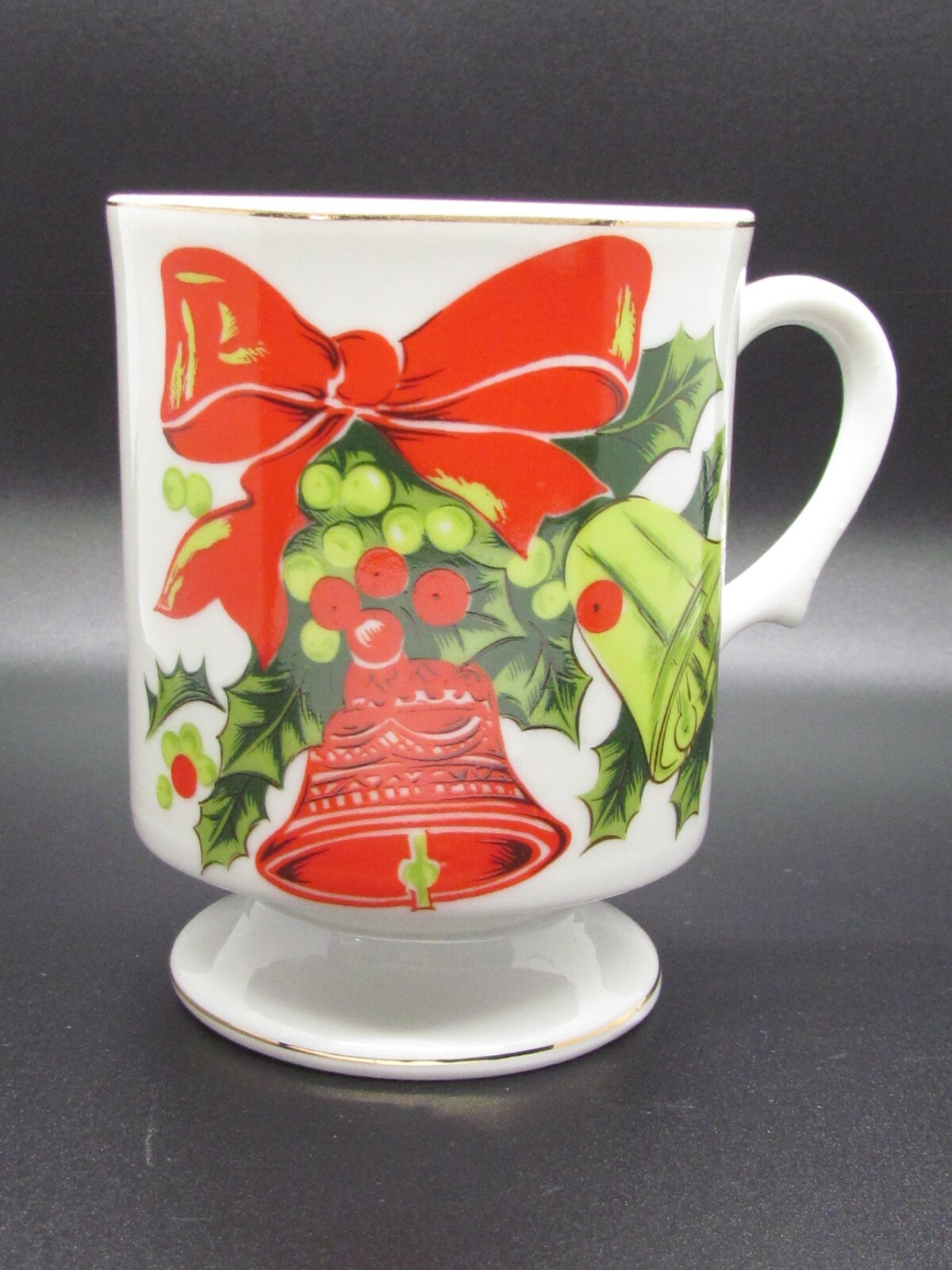 Lefton CHRISTMAS Mug /Cup Ribbon & Bells Hand Painted Gold Trim #039 Vintage