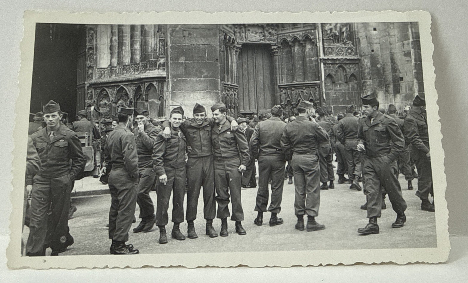 WWII US Army Soldiers Europe Cathedral Crowd Snapshot Photo 1940s