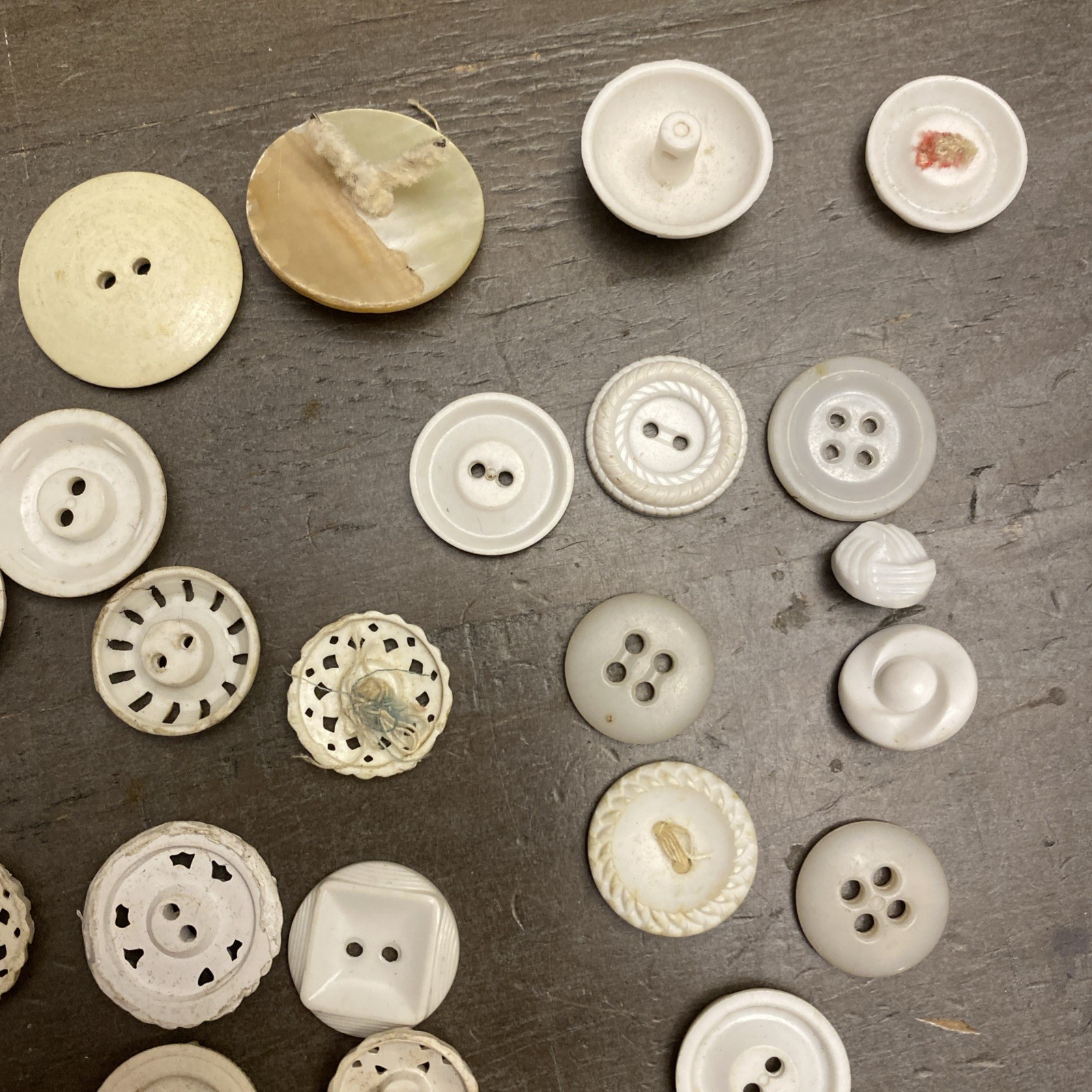 69 Vintage White & Ivory Buttons Mixed Shapes Early Plastic Sewing Lot