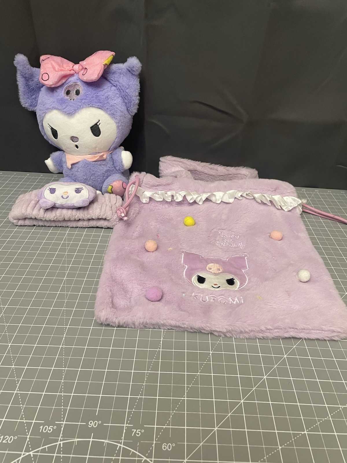 Sanrio Miniso Kuromi Plush Bag With Spa Headband & 9” Stuffed Figure Hello Kitty
