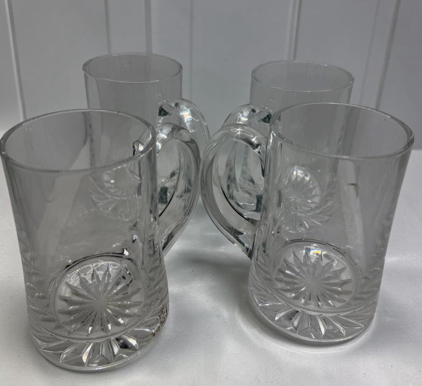 4 Vtg Extra Large Clear Glass Mug Stein Heavy set of 4, 2.2lbs Ea Star Bottom