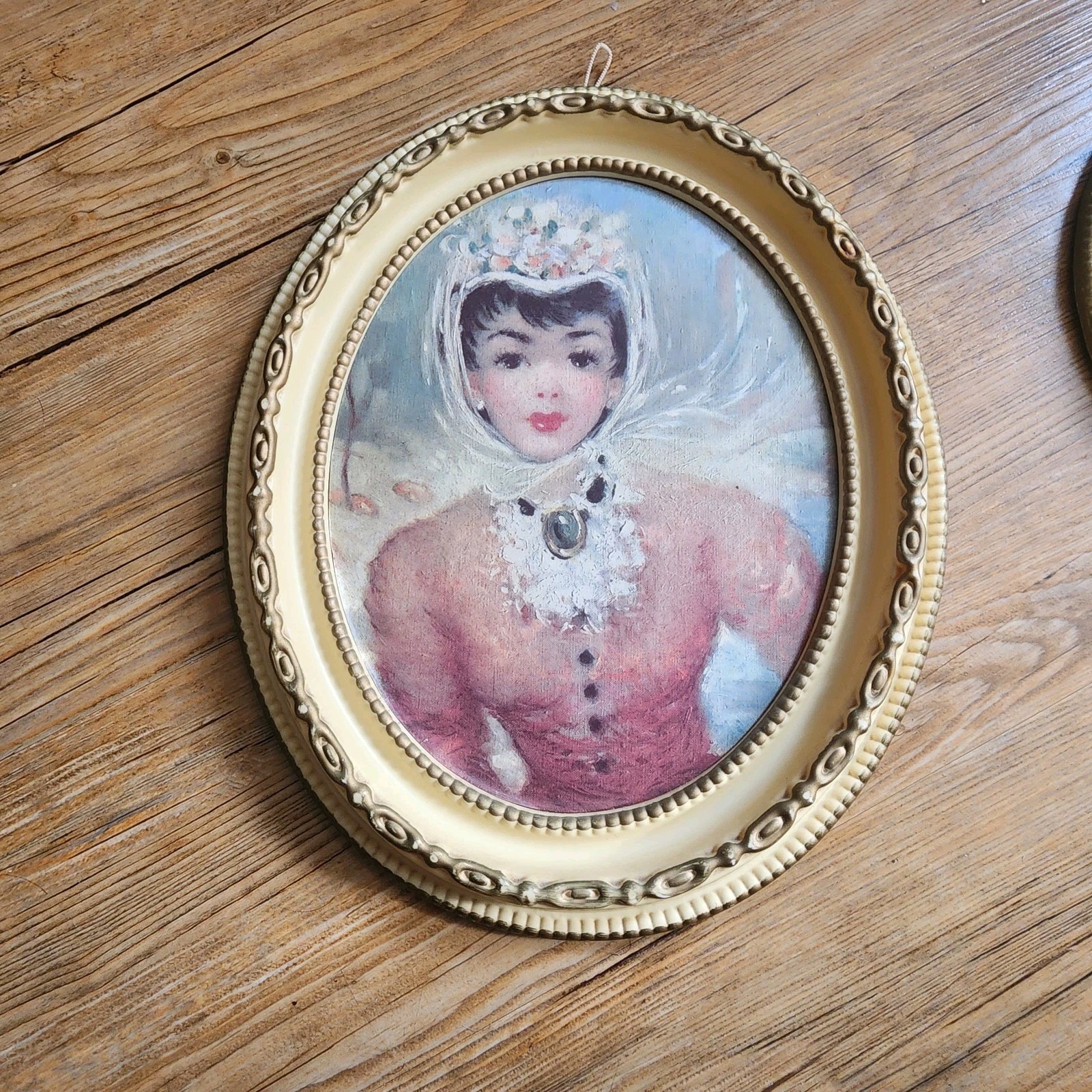 Vintage Oval Ornate Debutante Framed Pair of Lady Prints Wall Plaque 1950s-60s