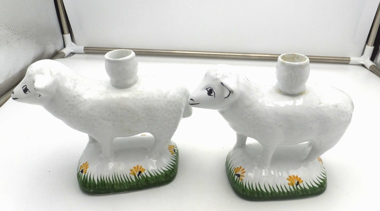 Portugal Ceramic Lamb Hand Painted Pair of Candlesticks