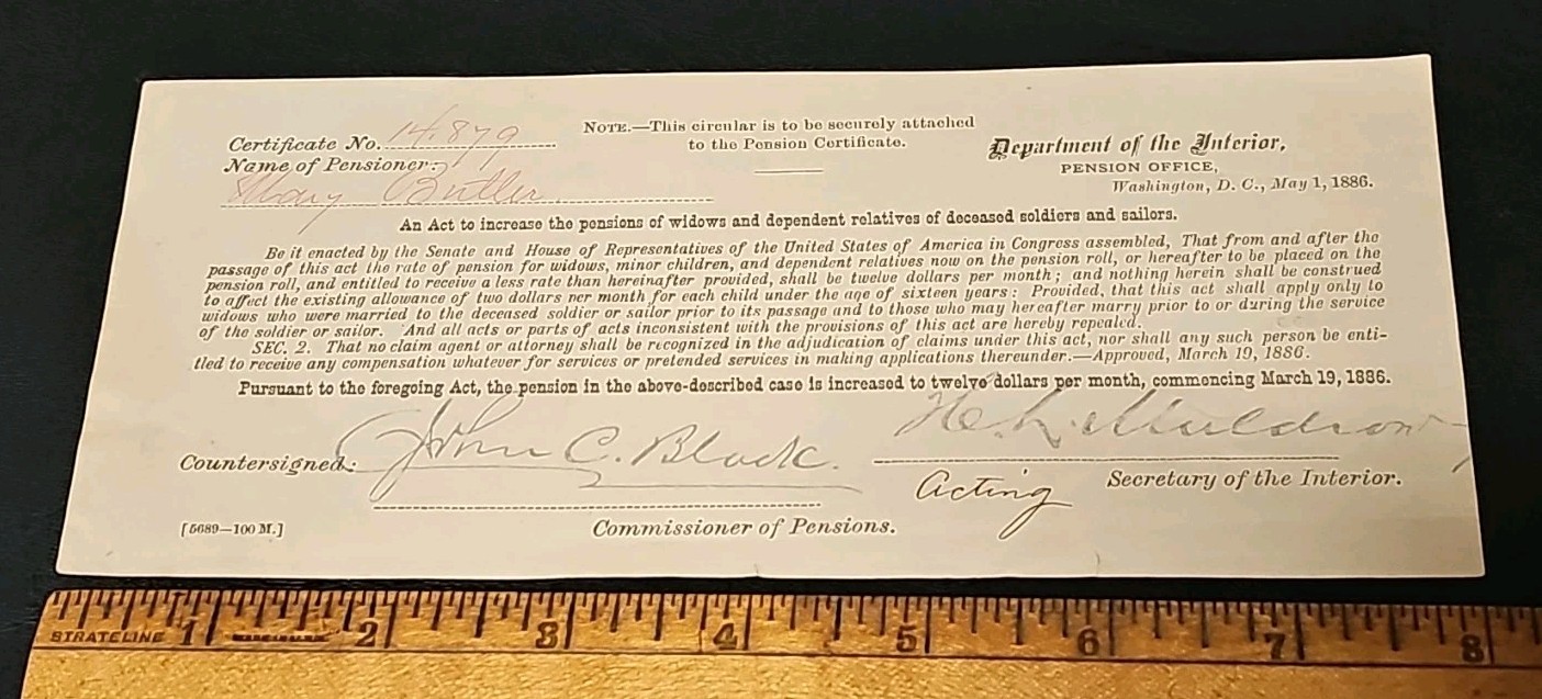 1886 Civil War Circular Soldier & Sailor Pension Certificate #14879 Mary Butler