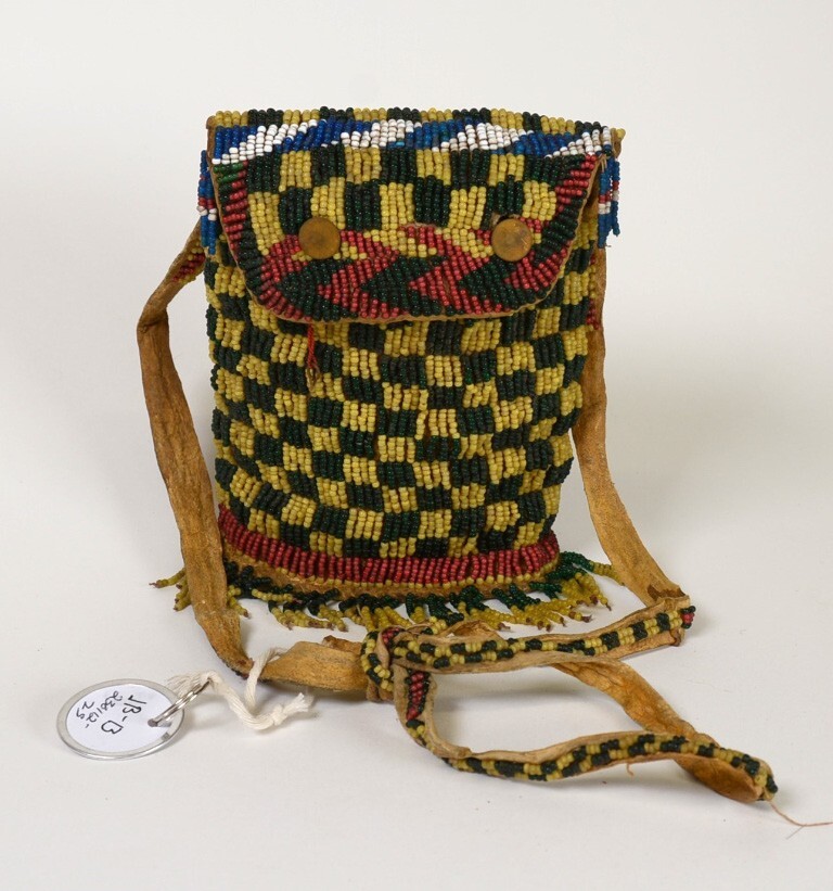 Apache Beaded Bag with Strap, Flap, Button Closure, and Oval Rawhide Base