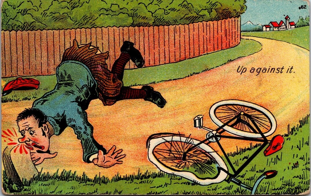 Bicycle Accident Up Against It Road Hurt Nose Humor c1910s postcard EQ5