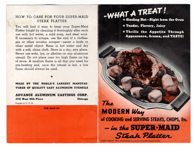 1940 Super-Maid Steak Platter Folding Flyer Brochure, approx. 6″ X 5″ when Folde
