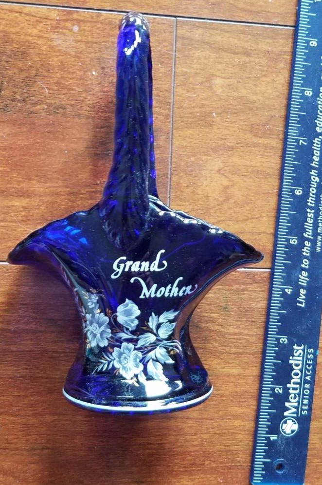 BLUE GLASSS GRAND MOTHER FLOWER BASKET 7″ TALL NICE SOLID HEAVY GLASS