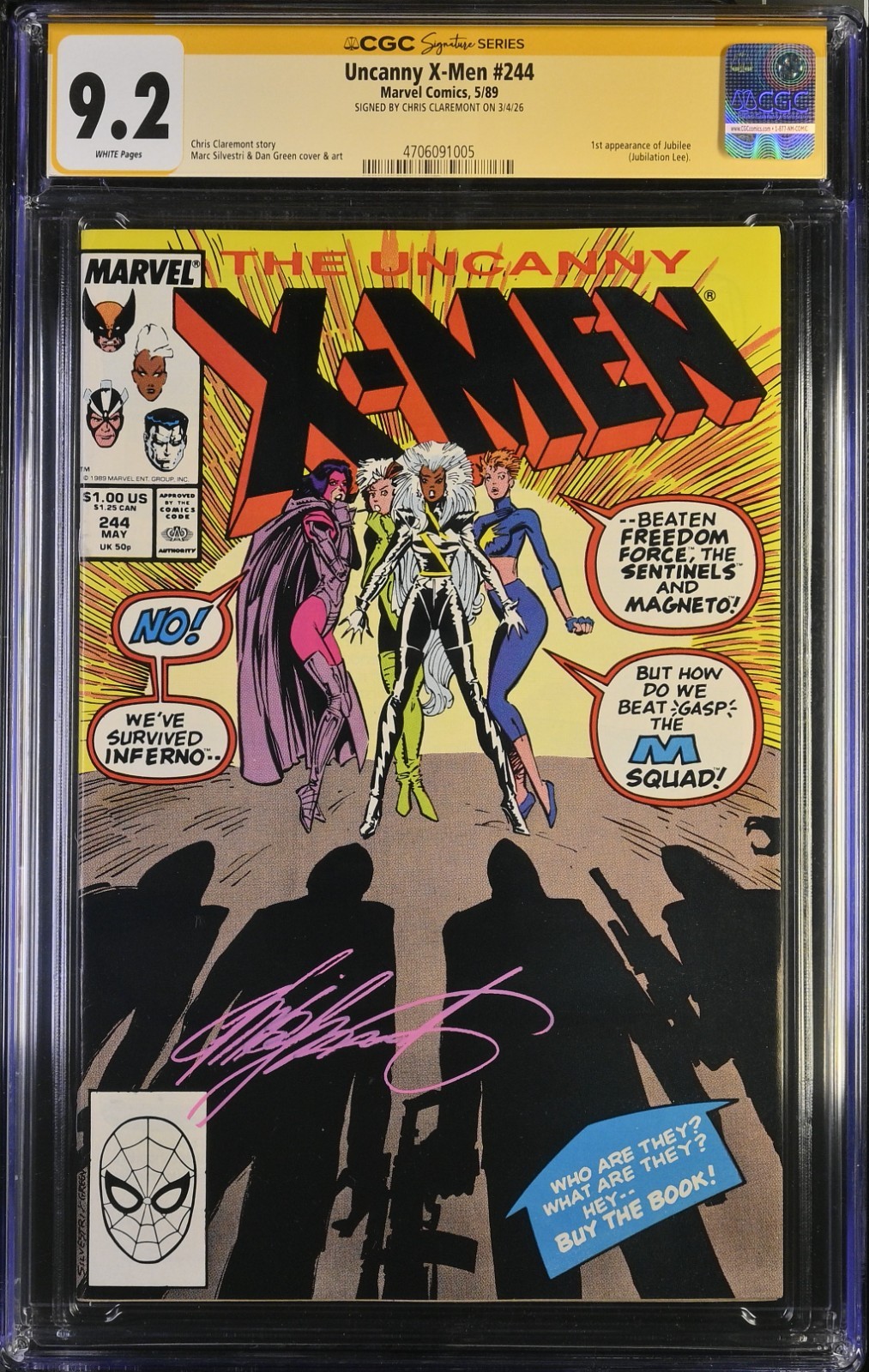 UNCANNY X-MEN #244 CGC 9.2 SIGNED CLAREMONT 1ST JUBILEE – Pink Signature