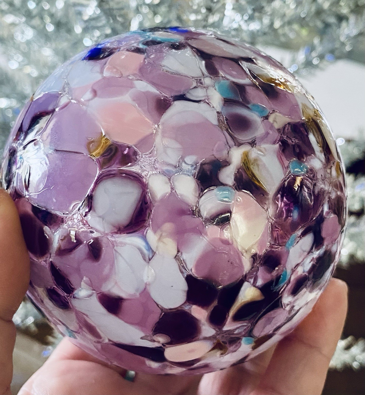 Hand Blown Glass Ball Swirl pattern pink, purple, white, blue Art Glass Ball