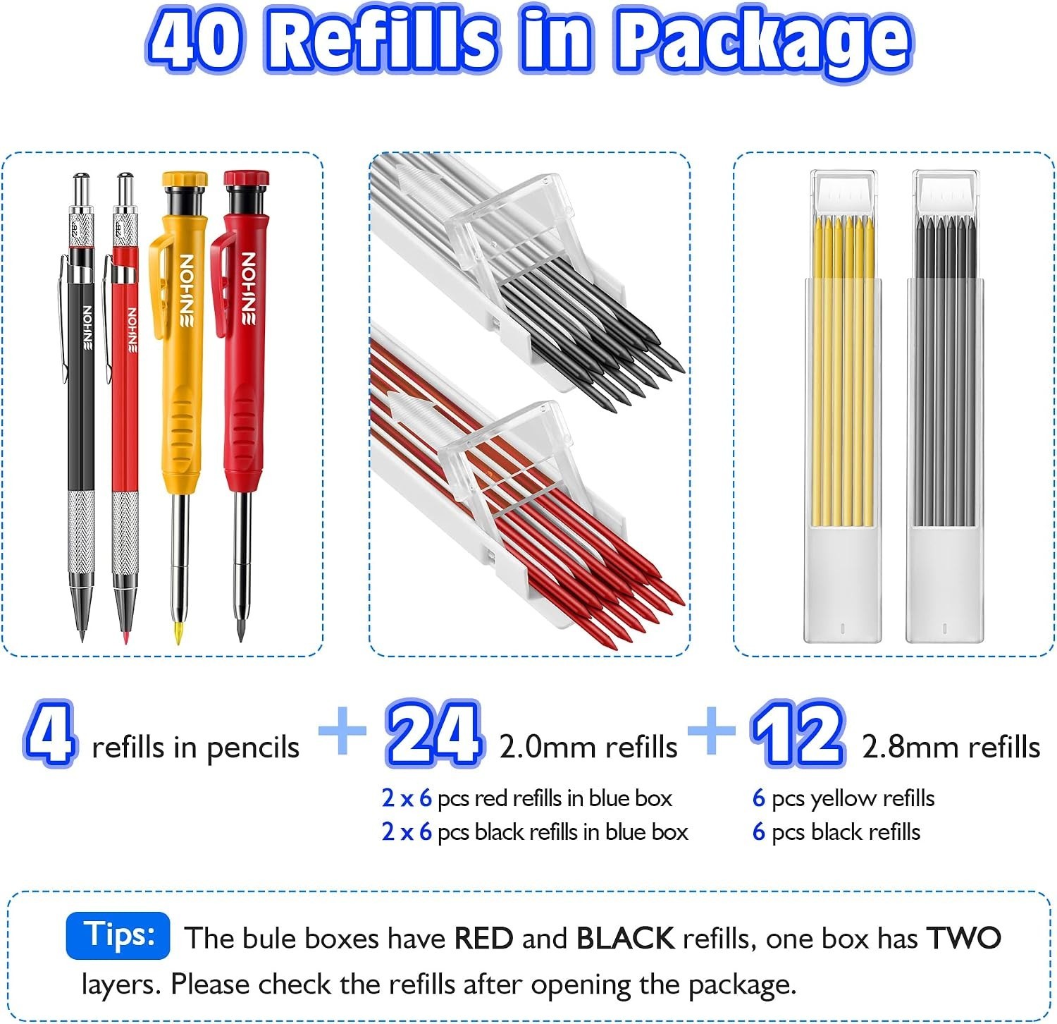 Deep- Carpenter Pencil Set – 4 Pencils with 36 Refills & Pocket Clip Design