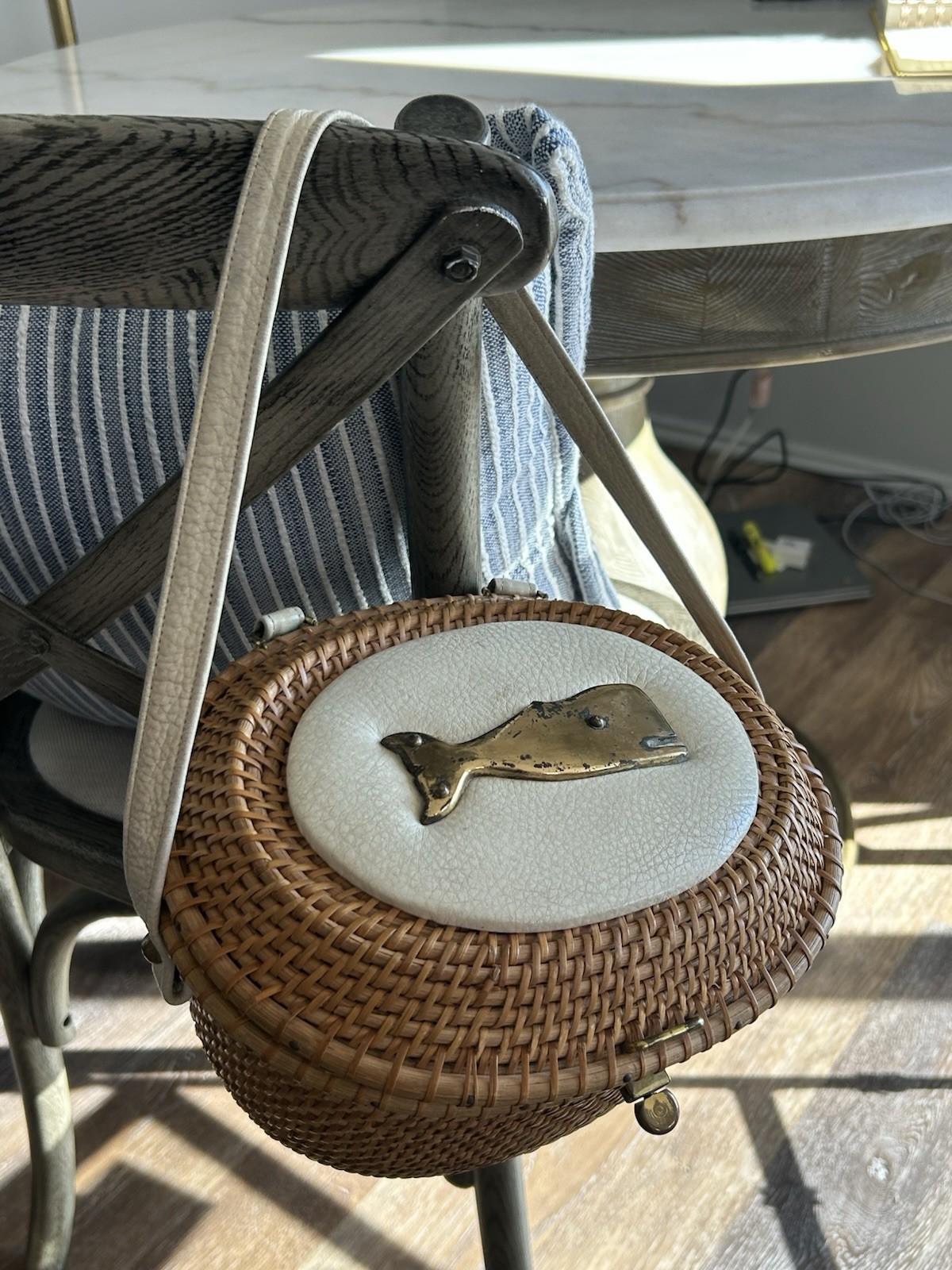 Woven rattan Nantucket lightship basket purse w/ carved whale ornament