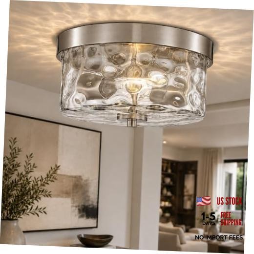 Brushed Nickel Flush Mount Ceiling 2-Light Brushed Nickel & Hammered Glass