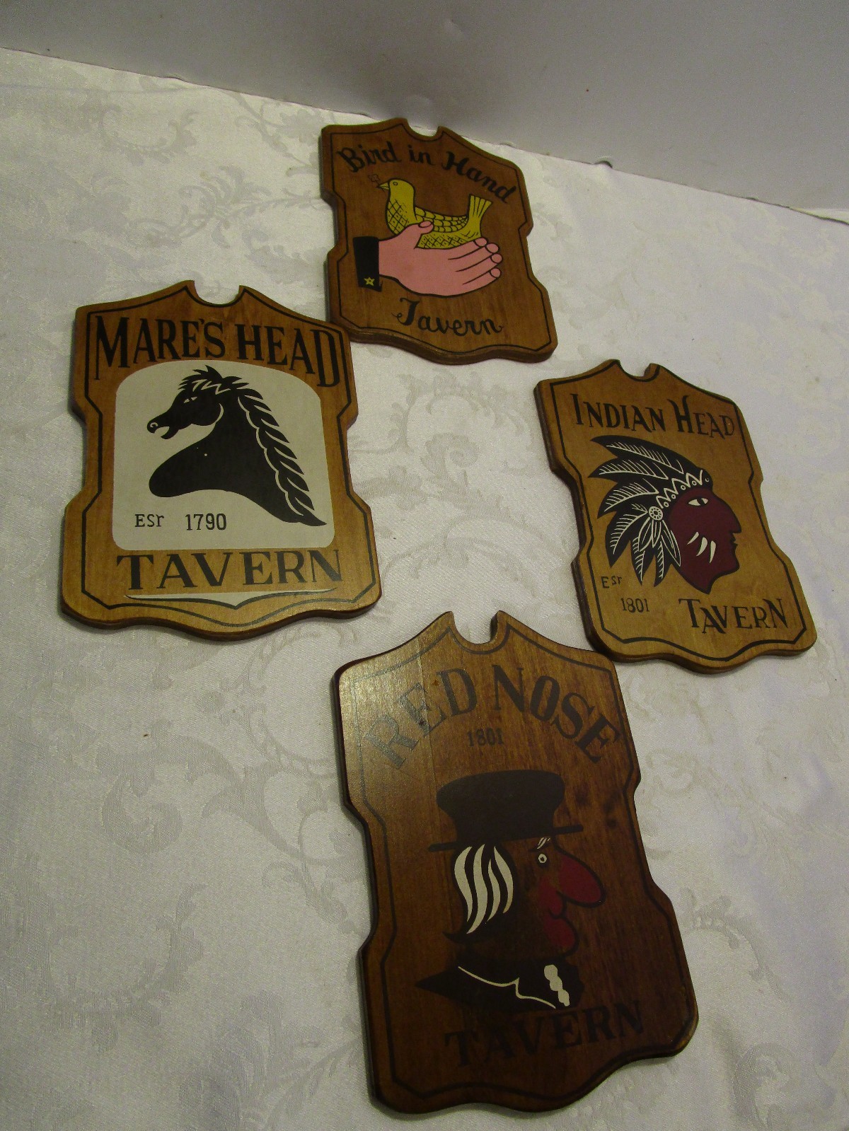 Vintage set 4 Wood Tavern Wall Signs plaques Japan 1960’s 8.75″ t