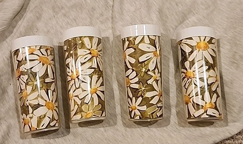 Vintage MCL West Bend Thermo-Serv Groovy Daisy Insulated 4 Tumblers Excellent