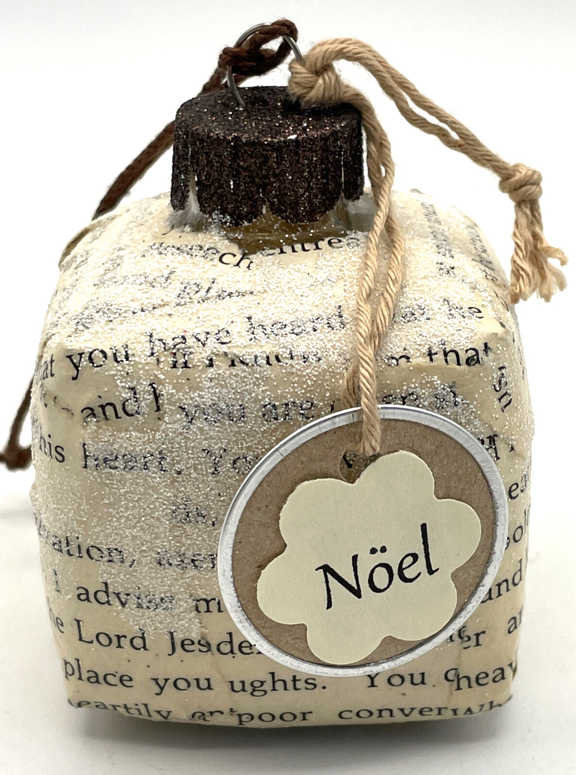 Christmas Ornament Square Decoupaged w/Book Paper & Glittered NOEL Tag