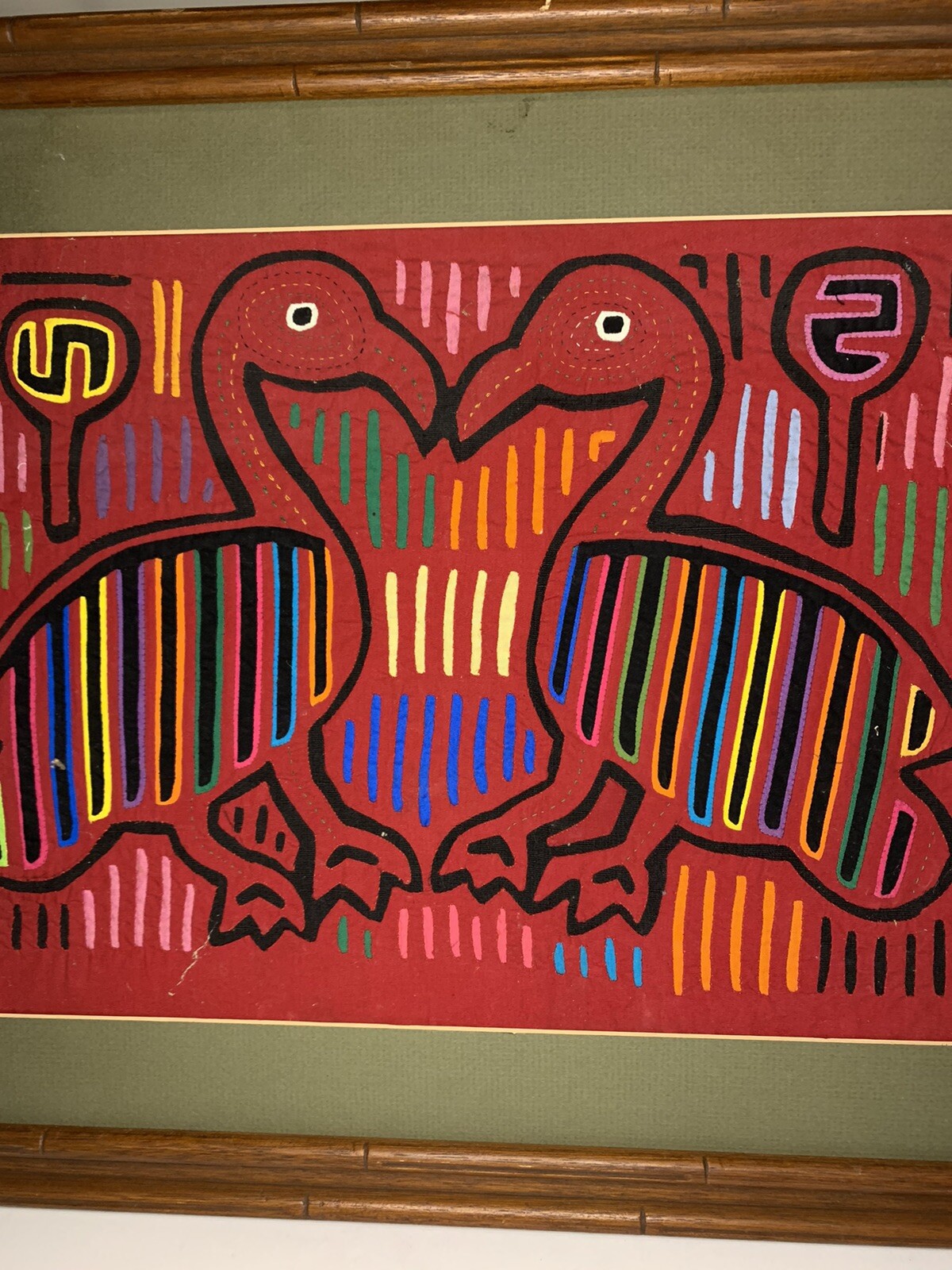 MOLA Reverse Applique Panama Kuna Indian Hand Stitched Birds Framed 22×18 inches
