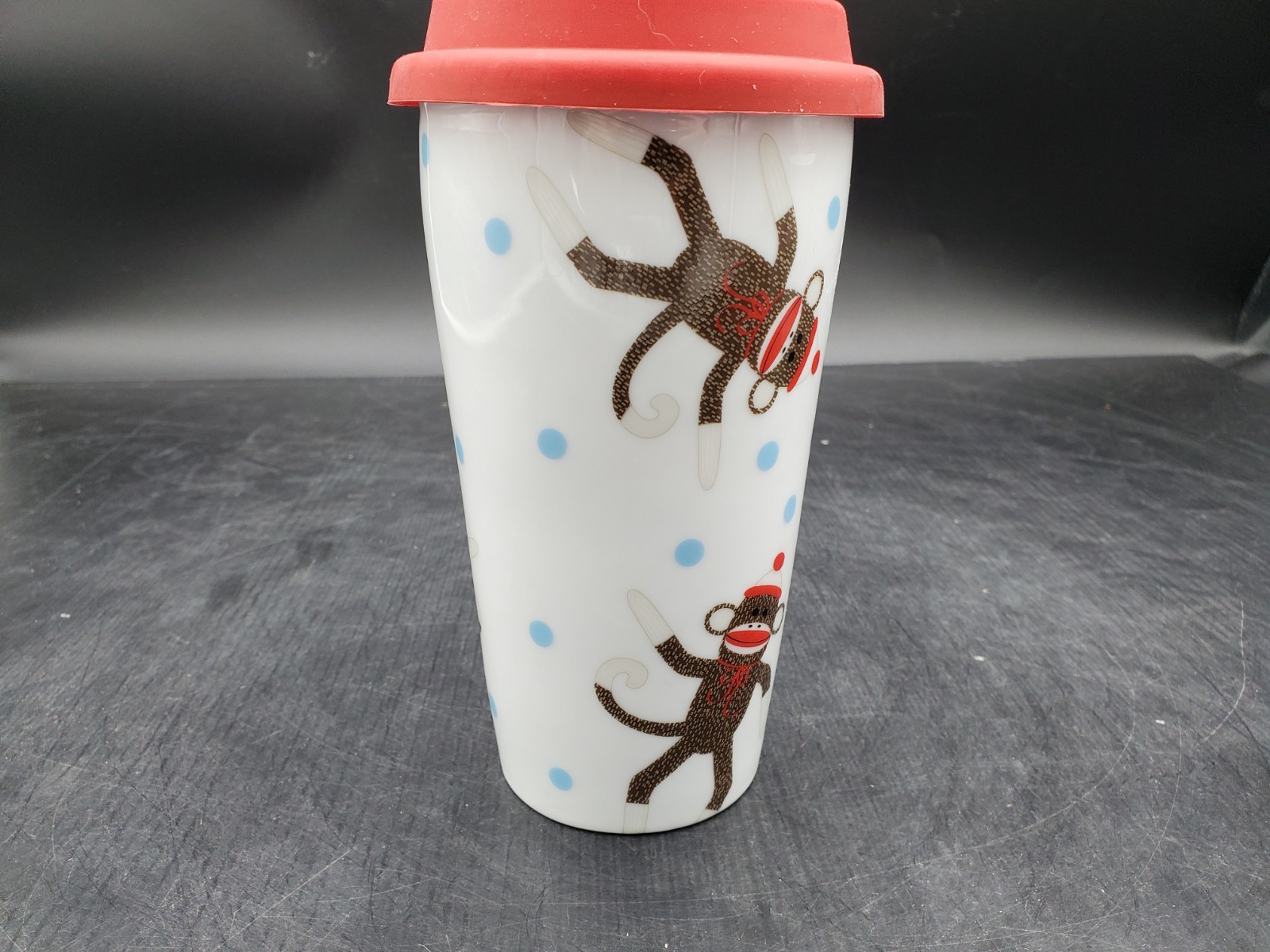 🔥🔥🔥🔥Red Lid Boston Warehouse Sock Monkey Mug Tall Ceramic🔥🔥🔥🔥