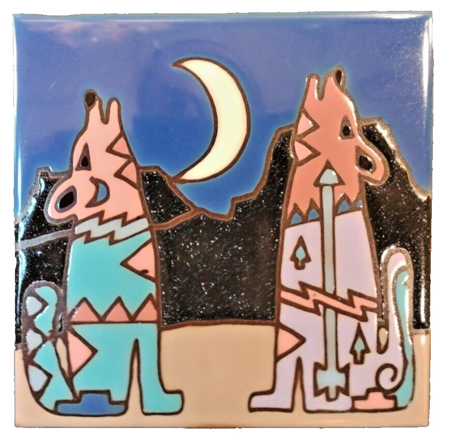 Fiesta Handcrafted Art Tile Trivet Decoration Wall Hang Howling Wolves