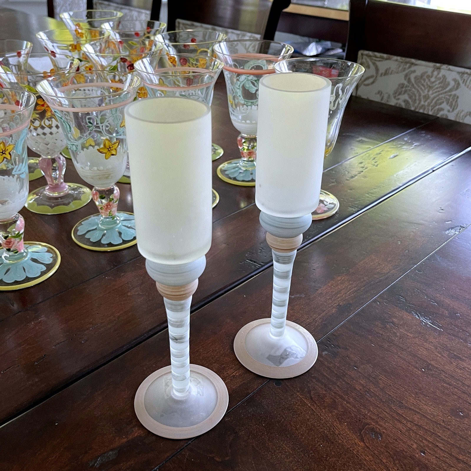 Tracy Porter Champaign Art Glass Frosted Cylinder Striped Stem Whimsy Flute 1PC