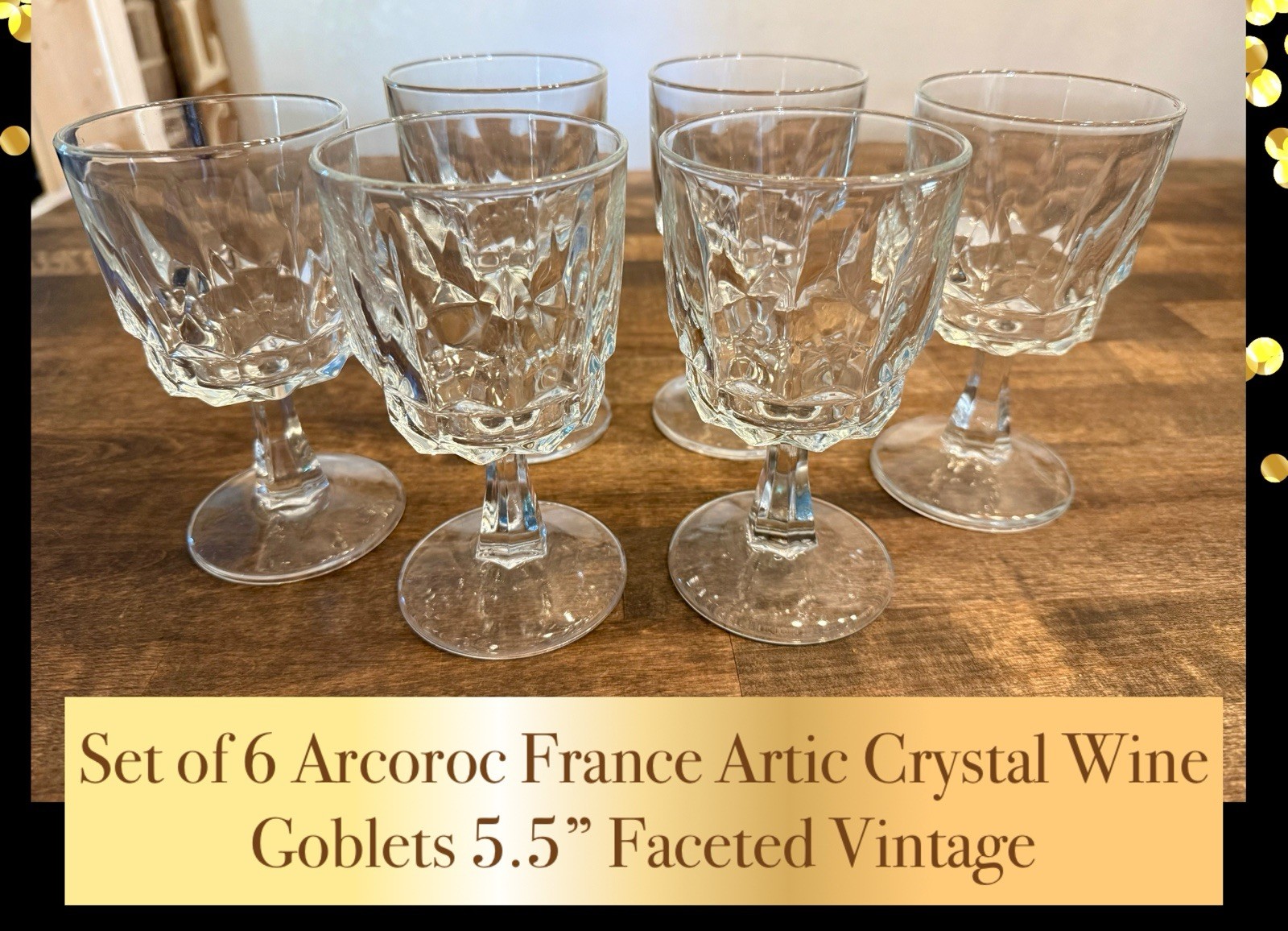 Vintage Set of 6 Arcoroc France Artic Crystal Wine Goblets 5.5” Faceted EUC!