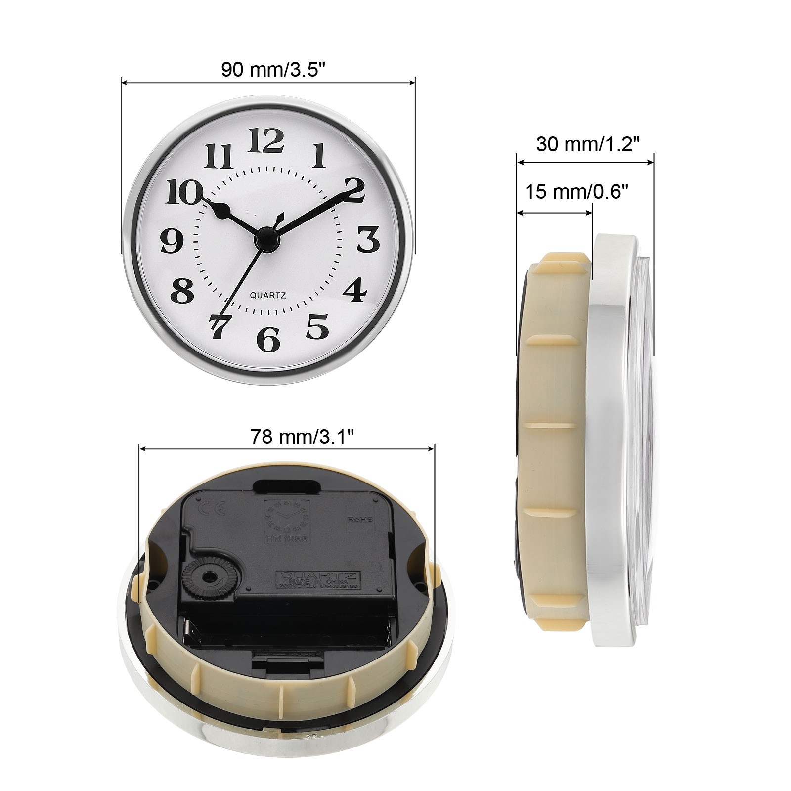 3.5″ 90mm Quartz Arabic Clock Insert, Fit 78mm/3.1″, Silver/White, Style 4