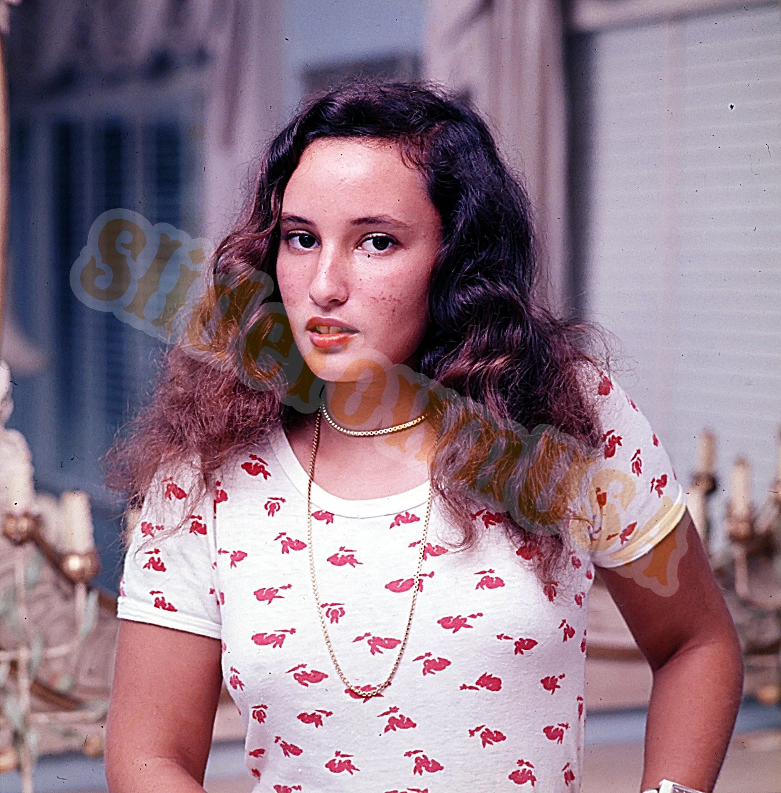 Vtg 120 Transparency Pretty Teen Girl Long Curly Hair Patterned Tee Neckla N-284