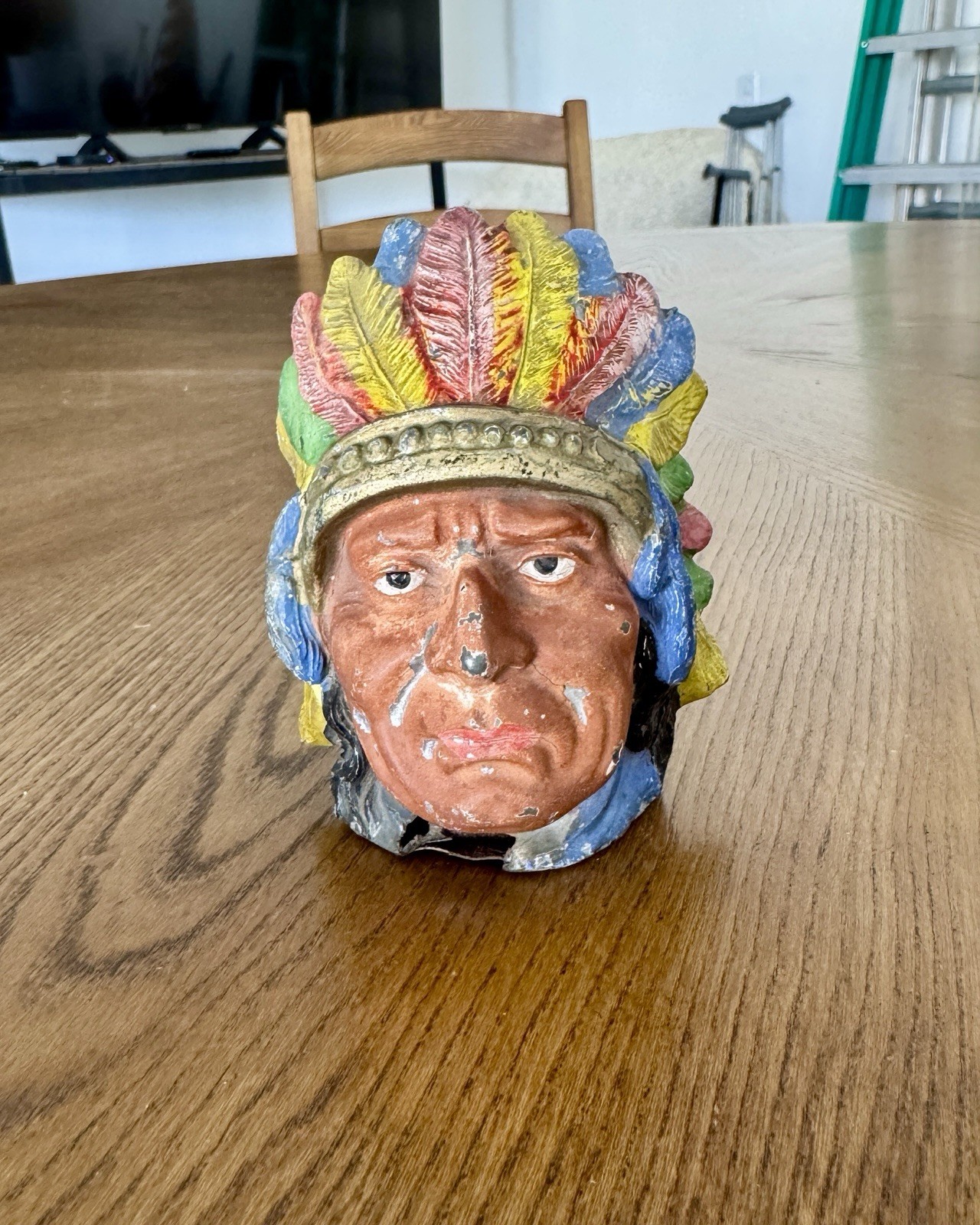 Antique Native American Chief Head Spelter Penny Still Bank