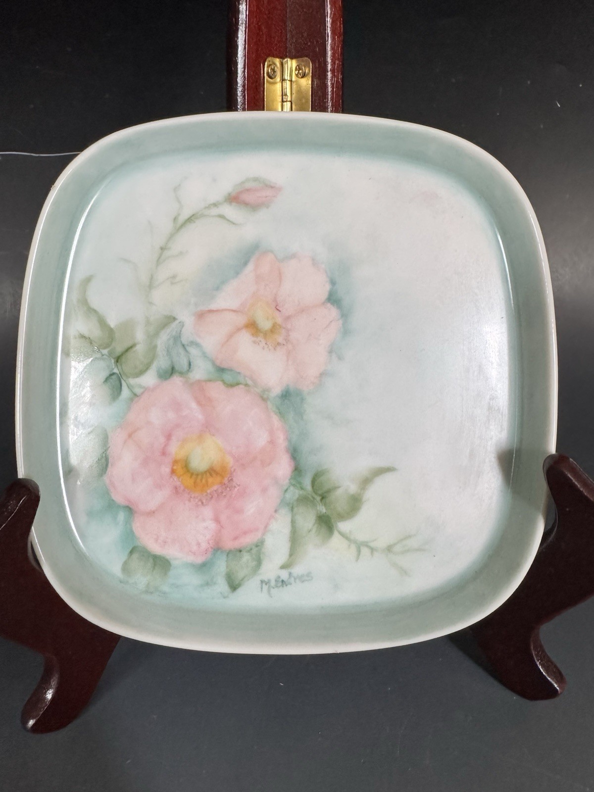 Hand Painted China Dish/Plate 5.25” Square Pink Roses Blue Background