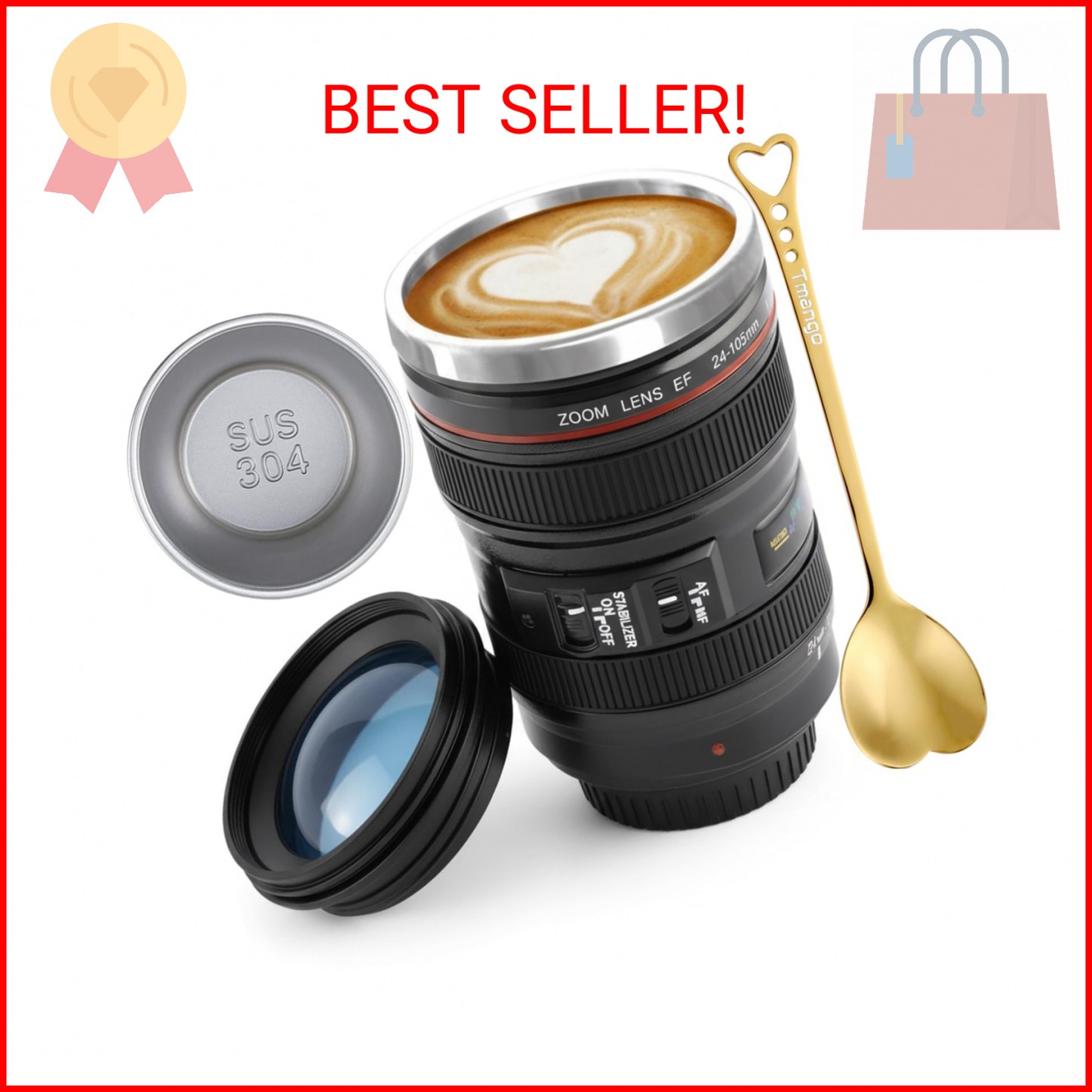 Tmango Camera Lens Coffee Mug with Clear Lid and Spoon – Lightweight Lens Cup Re