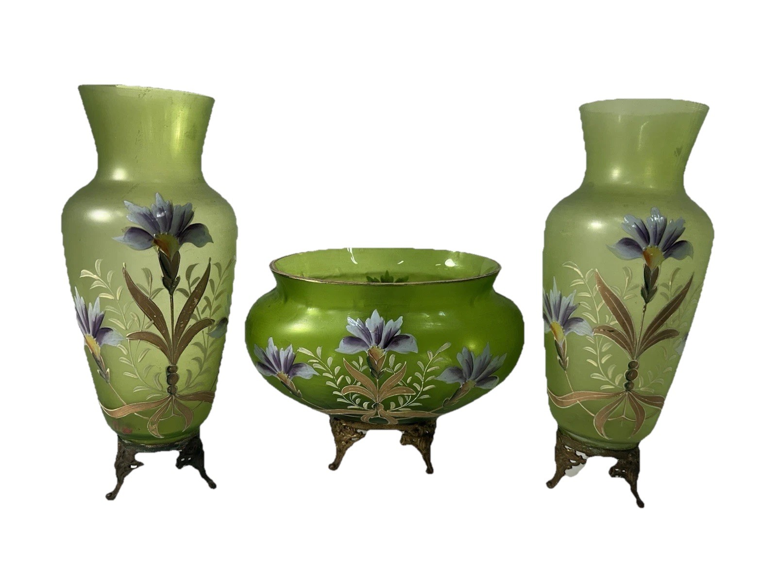 Antique Victorian Art Nouveau Hand Painted Glass Vase Set Floral Brass Base