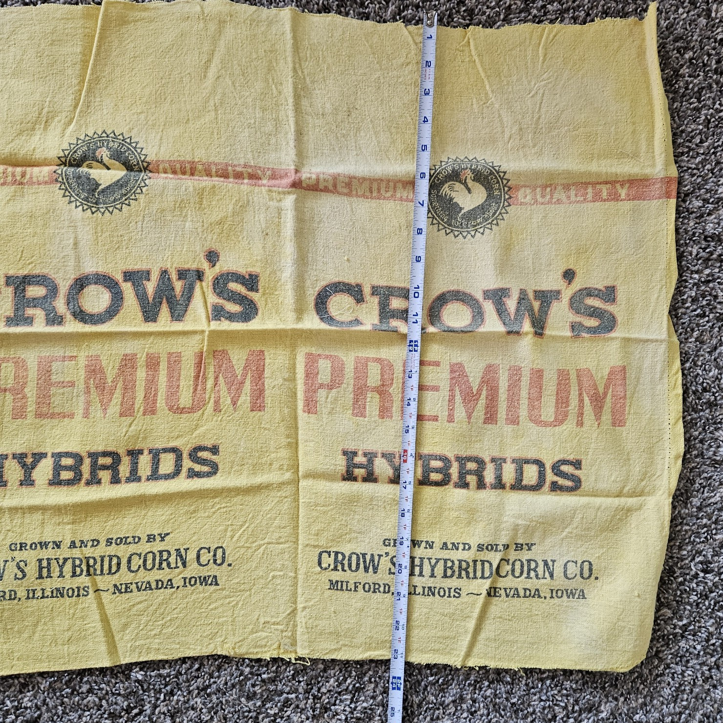 Vtg Crow’s Premium Hybrid Seed Corn Sack Bag Yellow Nevada Iowa Milford Illinois