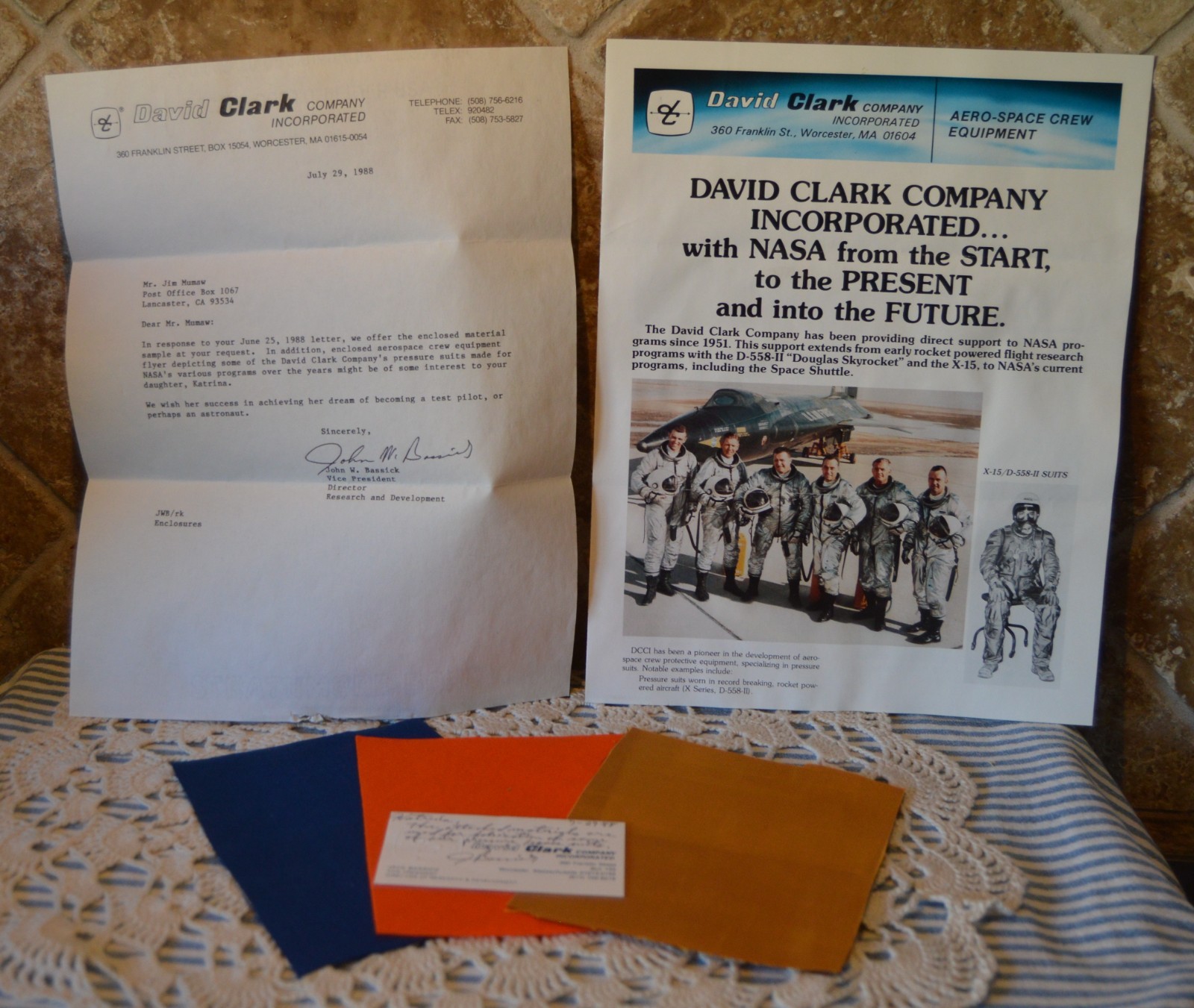1988 DAVID CLARK PRESSURE SUIT SAMPLE MATERIALS MADE FOR NASA’s VARIOUS PROGRAMS