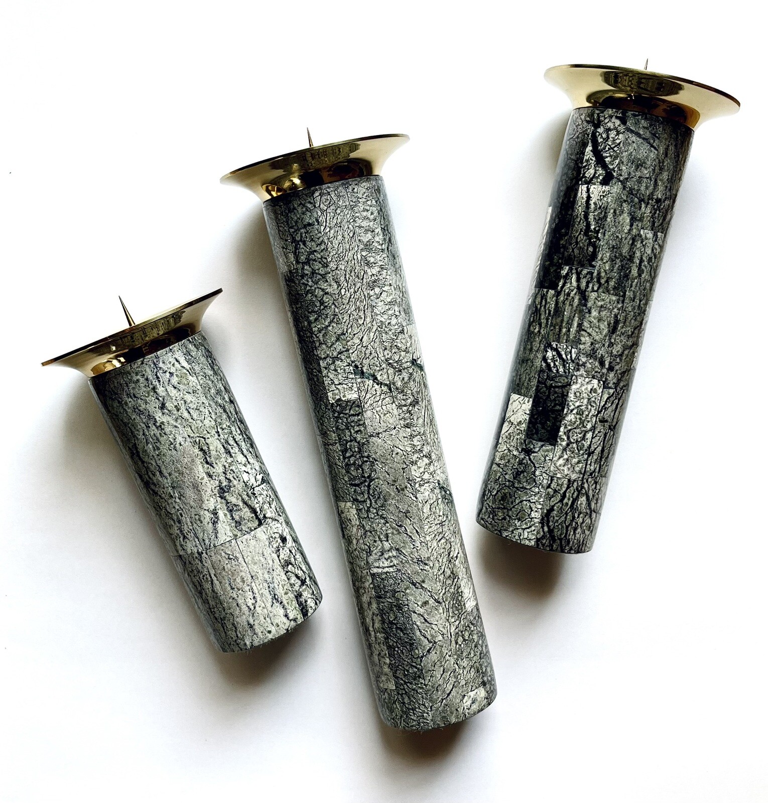 Set of 3 Tessellated Stone & Brass Pillar Candlesticks, Modernism Minimalism Vtg