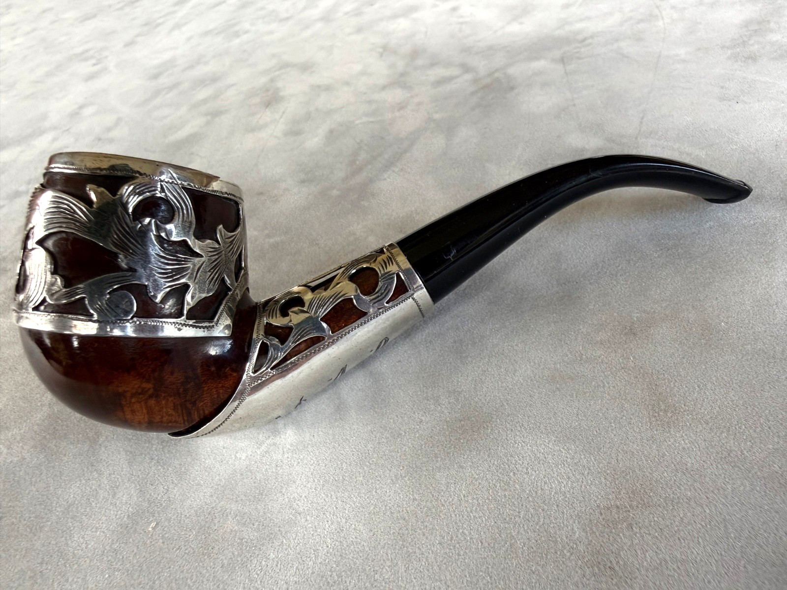 Restored, vintage Medico? bent pipe w heavy custom made sterling silver overlay