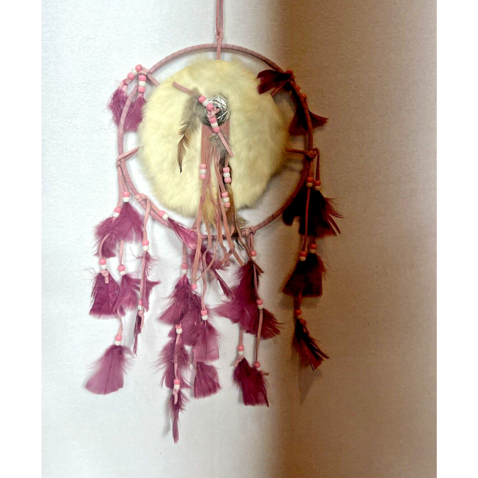 Dream Catcher Suede Leather Fur Feathers Pink 9″
