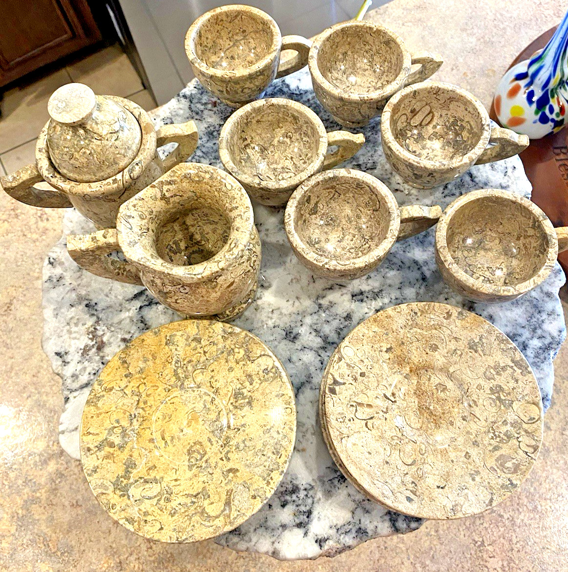Beautiful Onyx Marble 16 Piece Espresso/tea 6 Cups & Saucers, Suga, Creamer