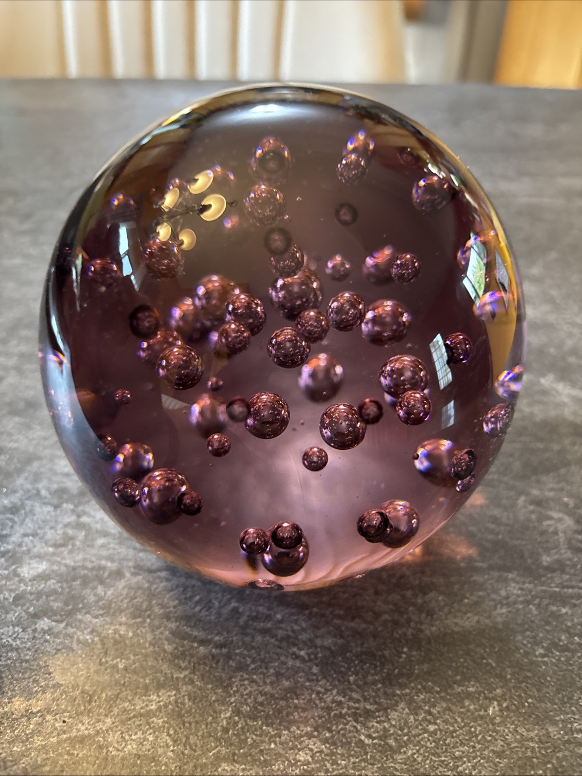 Vintage Round Purple Controlled Trapped Bubble Paperweight 4.5” EUC #DD