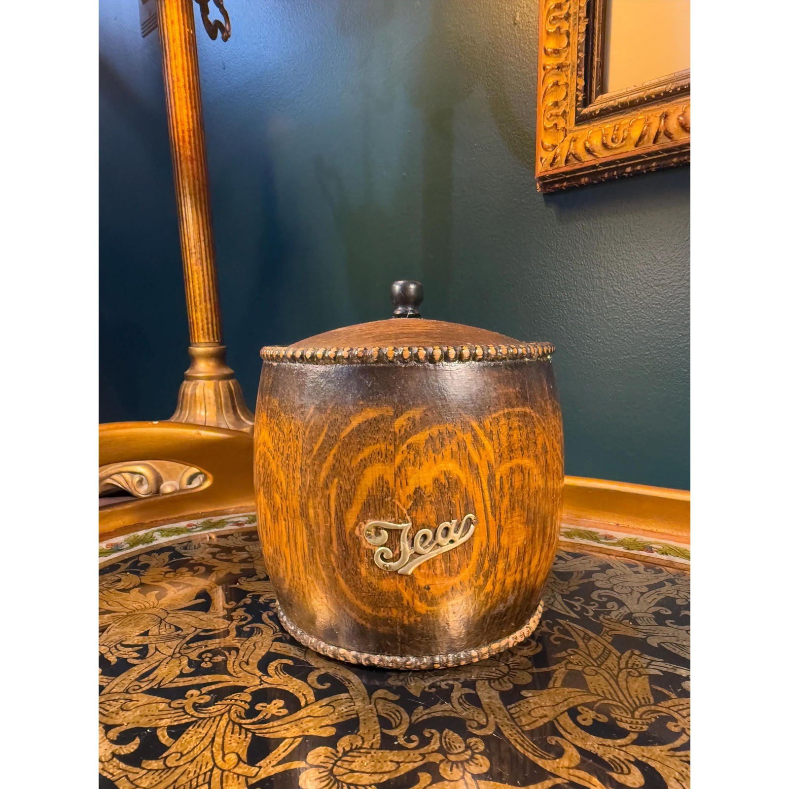 Vintage Wood Tea Caddy with Lid and Metal Liner – 5″ Tall Round Tea Jar
