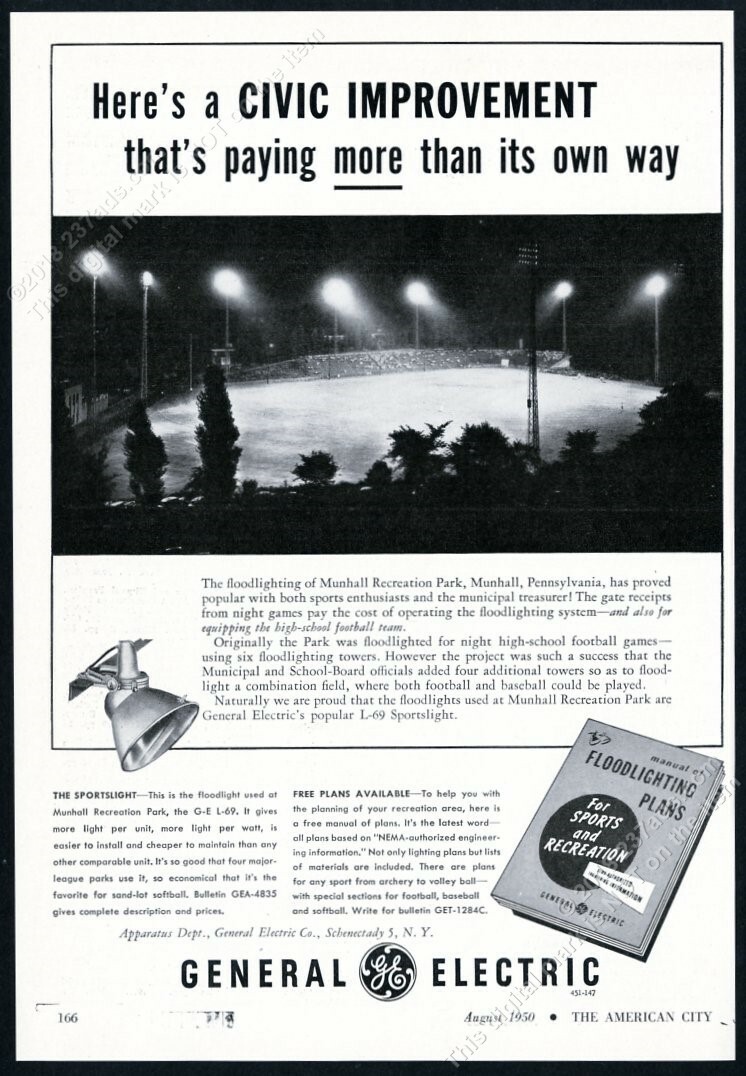 1950 Munhall Pennsylvania baseball park night photo G.E. L69 Sportslight ad
