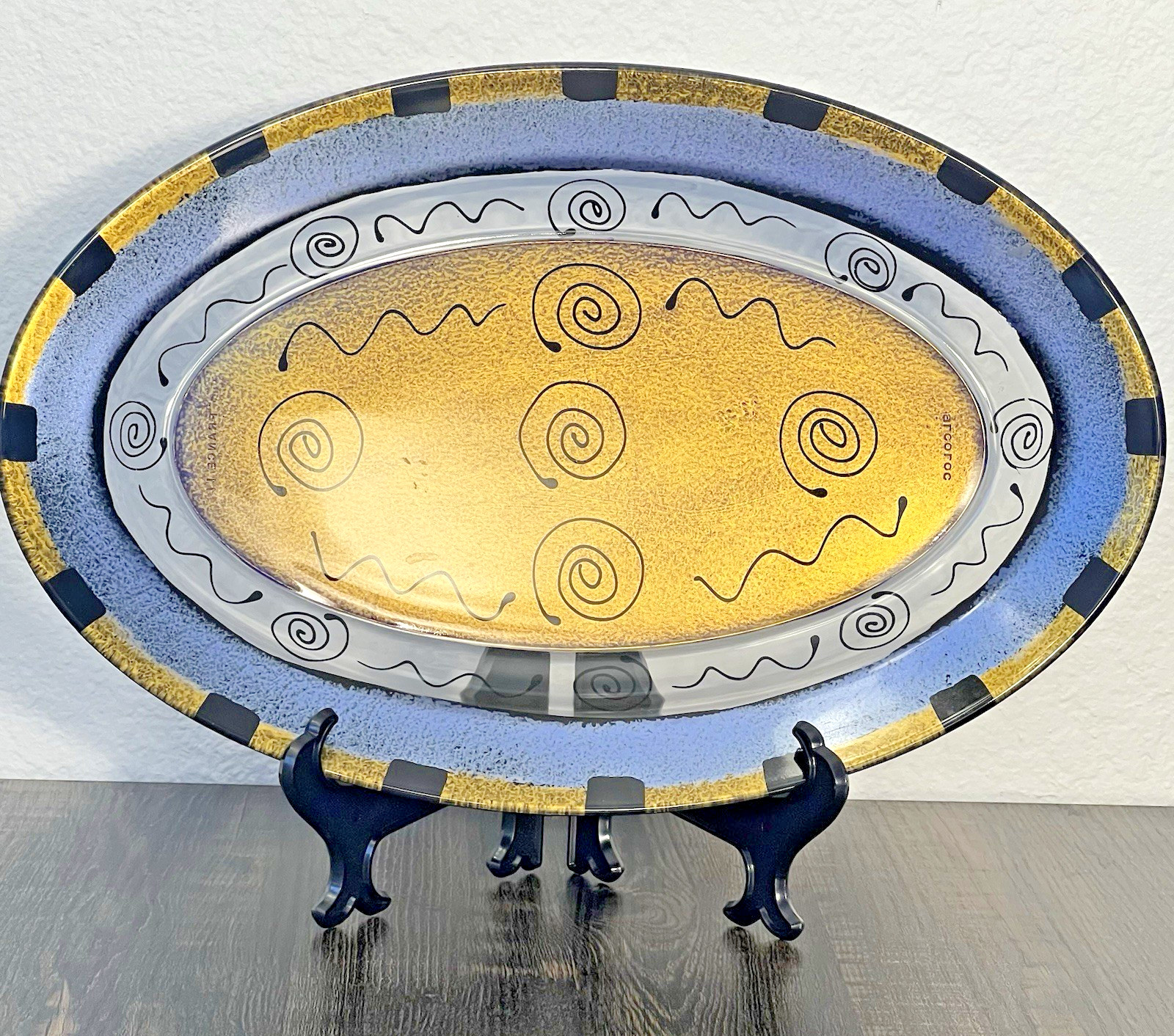 VTG Kay Young Hand Painted Oval Platter Swirl Squiggle Arcoroc French Glass Art