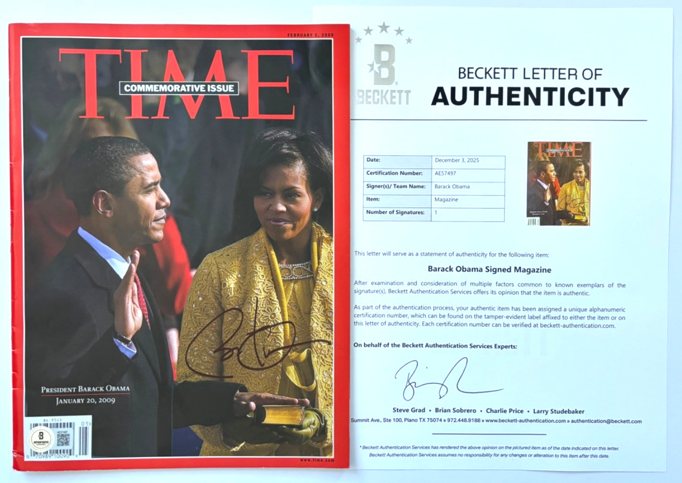 PRESIDENT BARACK OBAMA SIGNED TIME MAGAZINE INAUGURATION 2008 ELECTION BAS b
