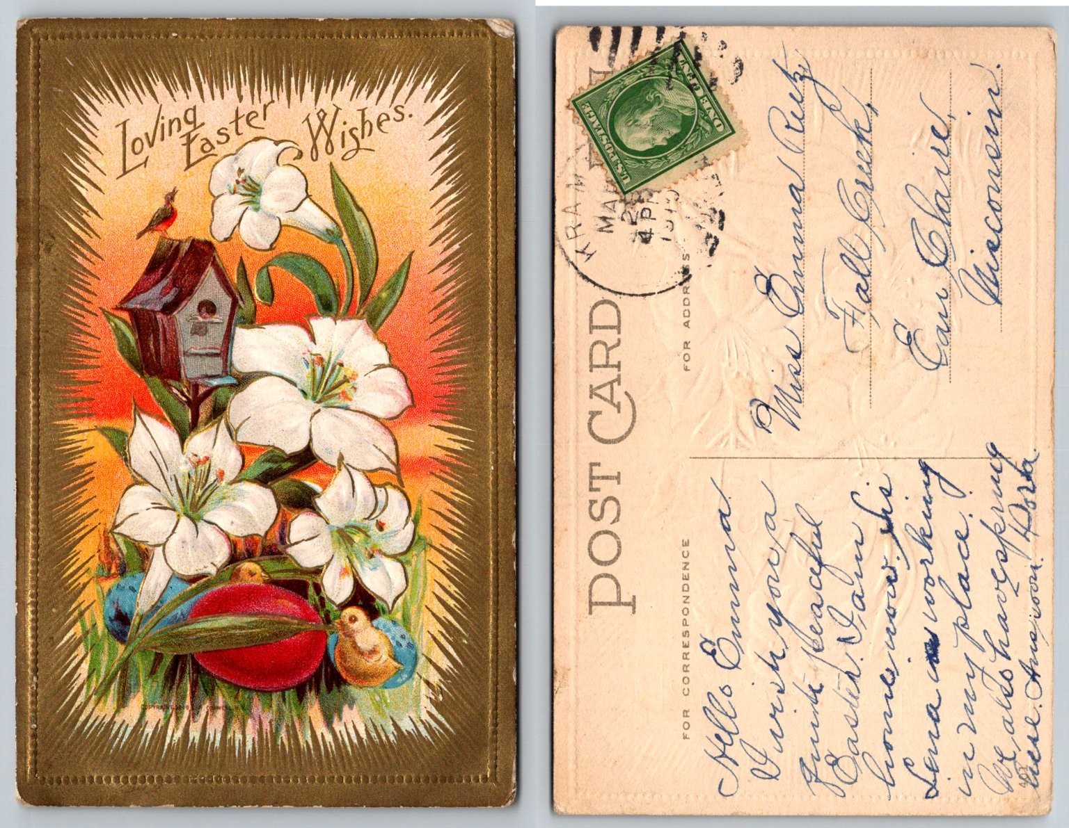 Vintage Embossed Easter Lilies Postcard 1913 Posted Kramer IA to Eau Claire WI