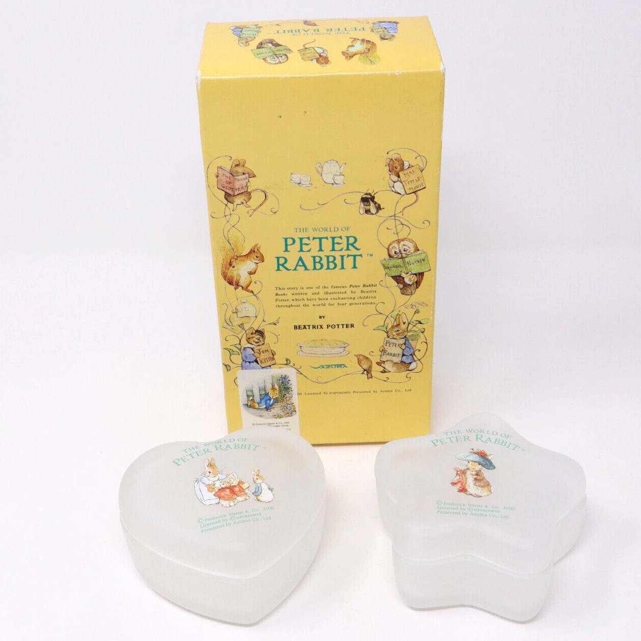 Peter Rabbit Beatrix Potter Frosted Glass Trinket Box Set Rare Japan Azuma Lid