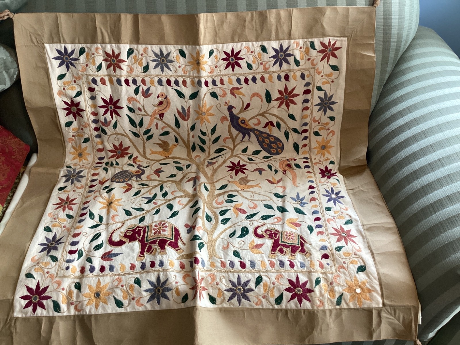 Original Suzani Tree of Life Embroidery Homespun Cotton, 38” square