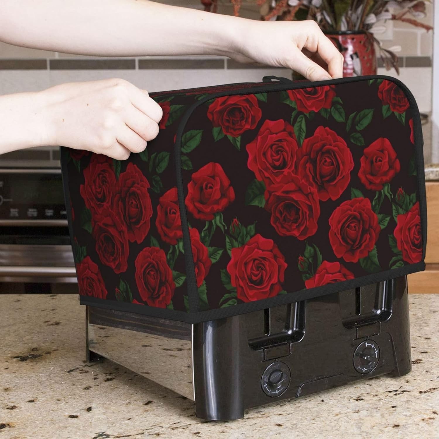 Durable Water-Resistant Toaster Cover – Red Black Rose Design for Everyday Use