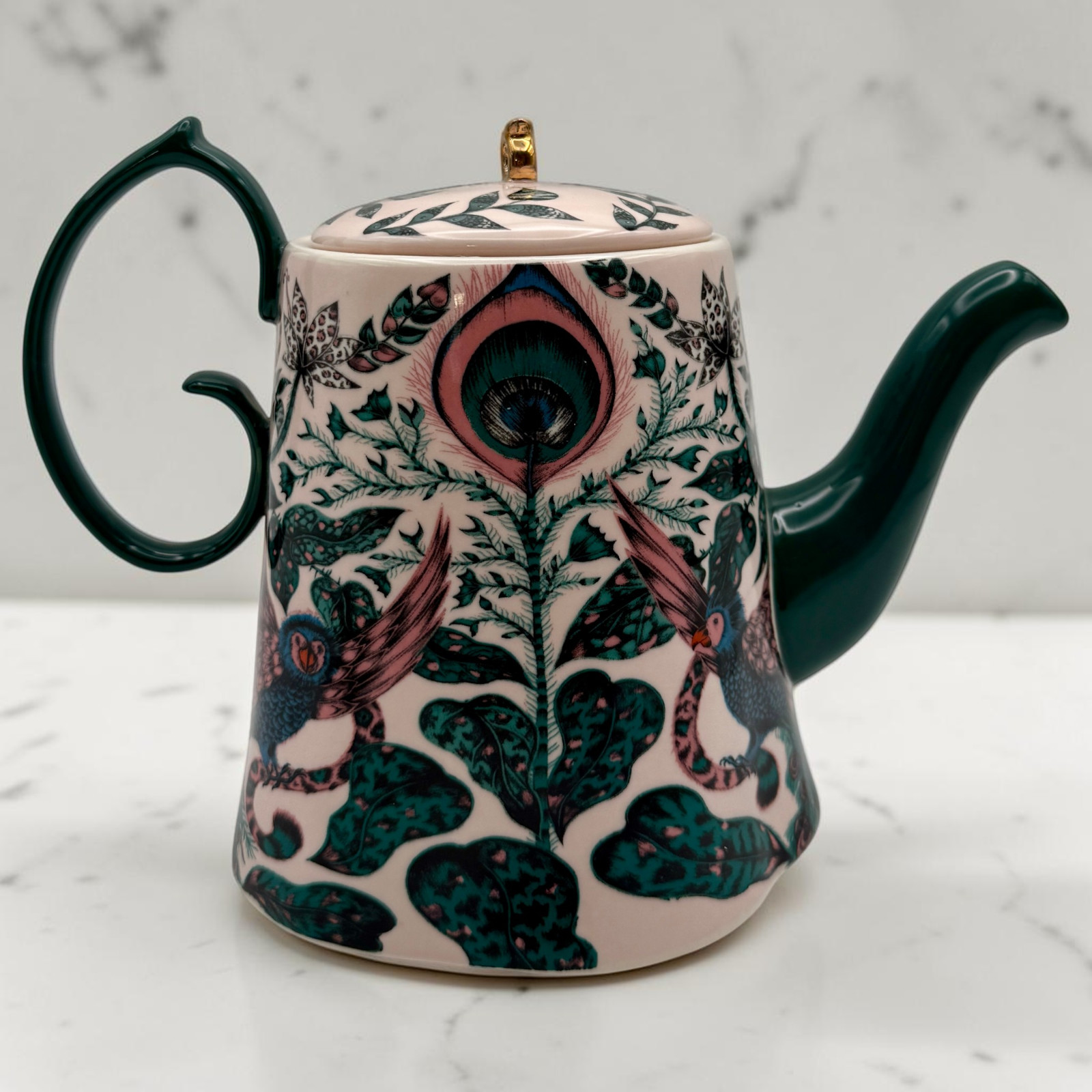 Anthropologie Emma J Shipley Maisie Teapot Peacock Feathers Bird Leaves Pink HTF