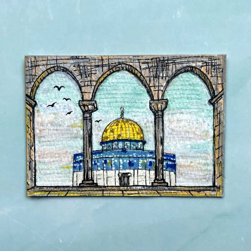 ACEO Original Architecture Dome of the Rock Acrylic/Ink on Paper 2.5×3.5 by Sara